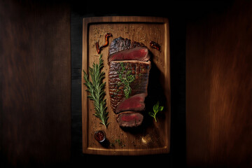 Whole fried, grilled steak, sliced, which lies on an oak board. Spices and herbs all around. Beef meat on a wooden background. The whole backdrop is dark, black. Dark photo stylization. 3D rendered. 