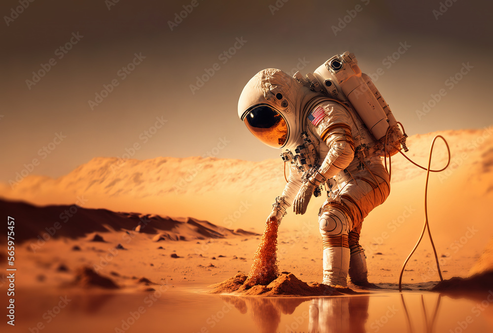 Poster astronaut filtering water on alien planet. generative ai