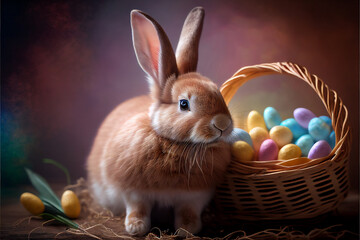 Fototapeta na wymiar Easter eggs in basket with rabbit. Easter Bunny and colorful eggs generative ai illustration. Easter is a Christian holiday that celebrates the belief in the resurrection of Jesus Christ