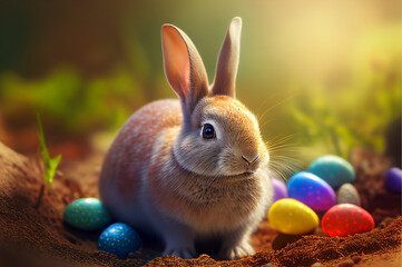 Easter eggs in basket with rabbit. Easter Bunny and colorful eggs generative ai illustration. Easter is a Christian holiday that celebrates the belief in the resurrection of Jesus Christ - obrazy, fototapety, plakaty