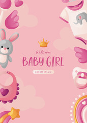 Baby shower invitation with clothes, stars, toys, rattle, wings helium balloons and heart  on pink. Lettering It's a girl. Hello baby celebration, holiday, event. Banner, flyer. Cartoon illustration