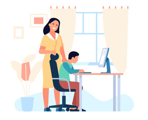 Mother helps her high school son do his homework. Kid sitting at desktop computer. College education. Boy studying at home. Family support. Mom and schoolchild learning. Vector concept