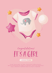 Baby shower invitation with clothes, stars, helium balloons and heart on pink. Lettering It's a girl. Hello baby celebration, holiday, event. Banner, flyer. Cartoon illustration