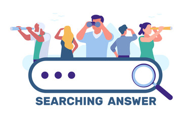 People looking into distance in background of search bar. Persons with telescope and binoculars. Online finding window. Internet browser. Question input. Network technology. Vector concept