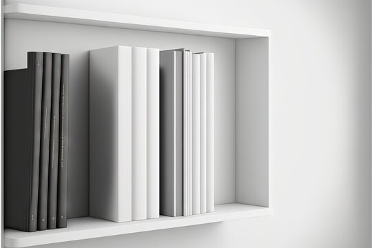  A White Shelf With Books And A Black Book On It's Side And A White Wall Behind It With A White Wall Behind It.  Generative Ai