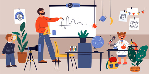 Teacher with students in classroom. Physics lesson at school. Laboratory work. Professor draws graphs at blackboard. Children education. Kid study mathematics or chemistry. Vector concept