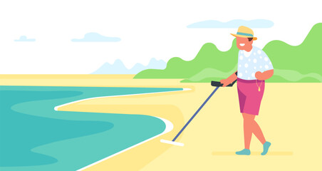 Treasure hunter with metal detector on sandy seashore. Person finding gold by detecting tool. Coastline beach. Antiquity searching. Outdoor hobby. Man walking on sand. Vector concept