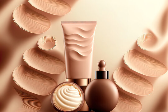 Background for beauty, make-up and cosmetic care. Cosmetics blank on wavy skin tone background. Blank banner Promo design for beauty salon blog. AI