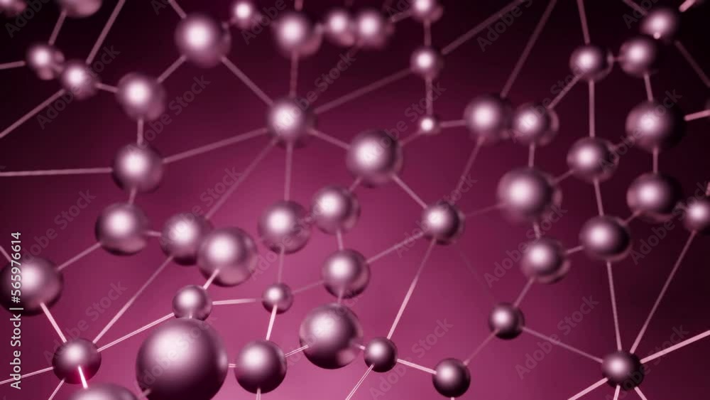 Poster pink and red background. design. round atoms connected by lines that move in abstraction.