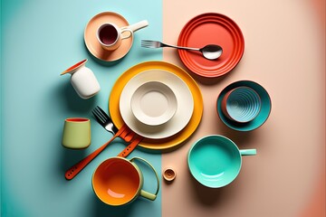  a table with a variety of dishes and cups on it, including a coffee cup, a tea cup, and a fork and spoon.  generative ai