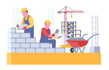 Workers build brickwork by laying bricks. House building. Bricklaying wall. Bricklayers work. Men with trowel and wheelbarrow. Mason in uniform. Construction industry. Vector concept