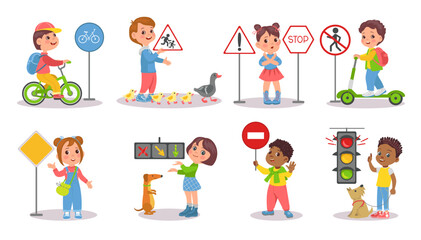 Young students learn traffic rules. Children hold or point to road signs. Safety road crossing and bike riding. Girl or boy pedestrians. Transportation regulation. Splendid vector set