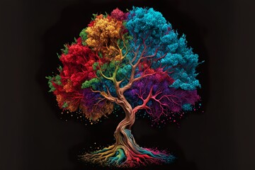 A vibrant rainbow-colored tree stands out against a dark background, its leaves painted in a spectrum of hues. Generative Ai.