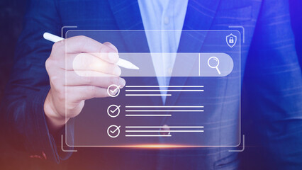 Businessman touching data search box information technology Search Engine Optimization, uses a search box to search for information on the Internet.