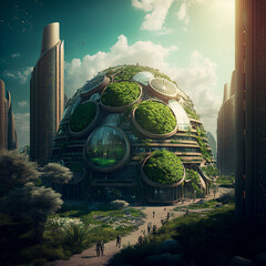 green future city created by generative AI technology