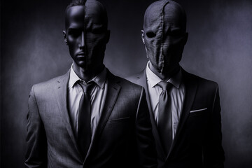 Hommes en costumes portant un masque - Générative IA - obrazy, fototapety, plakaty