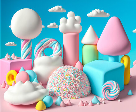 Paysage en bonbons : shamallow, guimauve - Couleurs pastels et 3d - G&eacute;n&eacute;rative IA