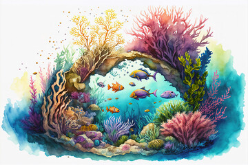 Obraz na płótnie Canvas beautiful watercolor art of coral reef sea life view new quality universal colorful joyful holiday nature artistic stock image illustration design 