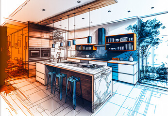 Dessin d'une cuisine moderne avec un  ilot central - Générative IA - obrazy, fototapety, plakaty