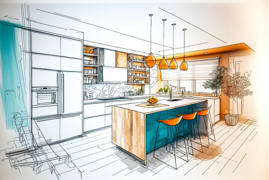 Dessin d'une cuisine moderne avec un  ilot central - G&eacute;n&eacute;rative IA