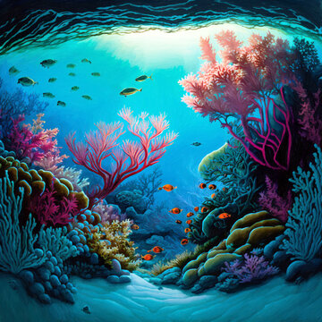 beautiful painting art of 
coral reef sea life view - new quality universal colorful joyful holiday nature artistic stock image illustration design 