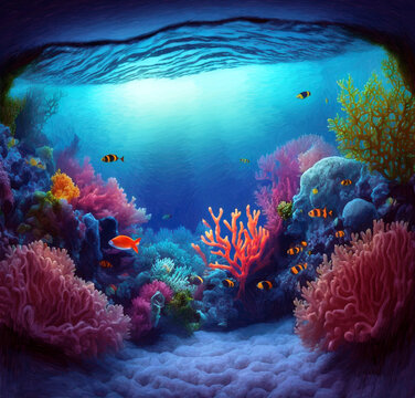 beautiful painting art of 
coral reef sea life view - new quality universal colorful joyful holiday nature artistic stock image illustration design 