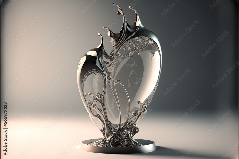 Poster a glass vase with a crown on top of it sitting on a table in front of a gray background with a shado