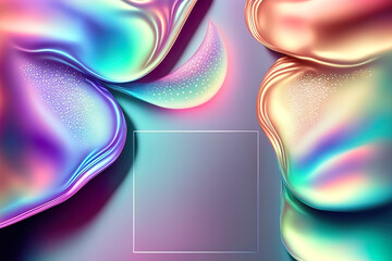 Background for beauty, make-up and cosmetic care. Cosmetics blank on wavy skin tone background. Blank banner holographic, neon, multicolor Promo design for beauty salon blog. AI