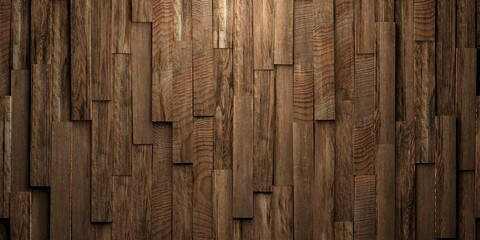Fototapeta premium Close up of warm brown horizontal wooden boards or planks randomly shifted surface background texture, empty floor or wall hardwood wallpape