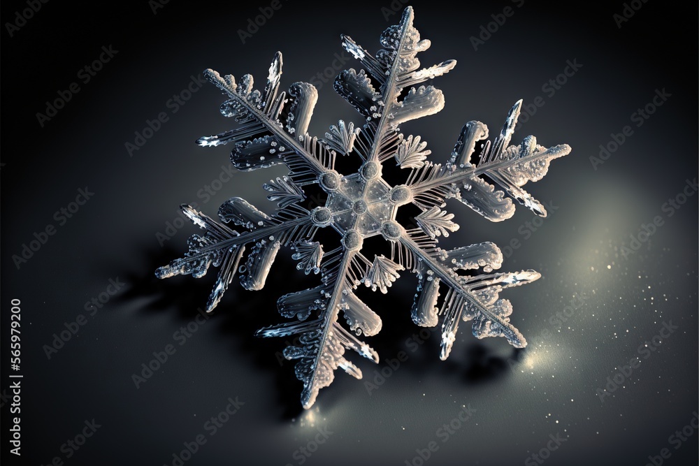 Poster a snowflake is shown on a black background with snow flakes in the foreground and a light shining on