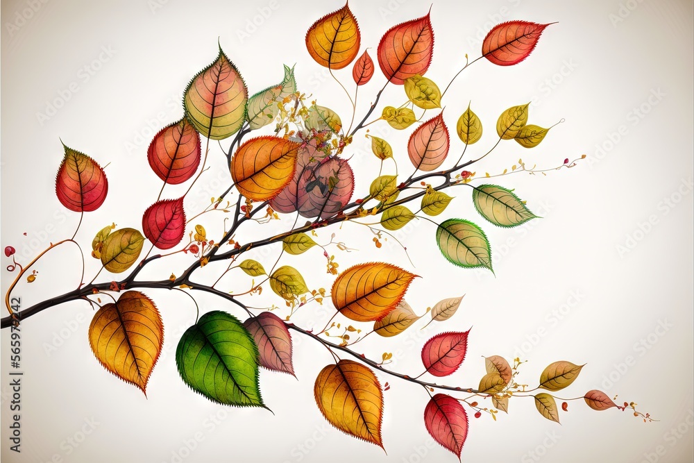 Poster a branch with many leaves on it with a white background and a sky in the back ground with a few clou