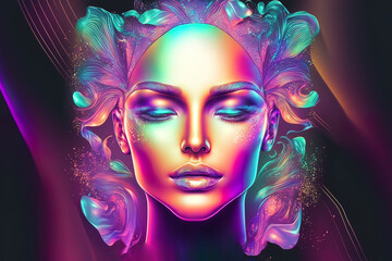 Fototapeta na wymiar Background for beauty, make-up and cosmetic care. Cosmetics blank on wavy skin tone background. Blank banner holographic, neon, multicolor Promo design for beauty salon blog. AI