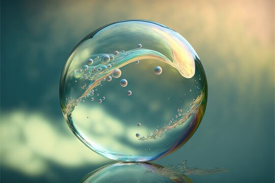  a soap bubble with water bubbles and a wave in the middle of the bubble is floating in the air on a blue background with clouds.  generative ai