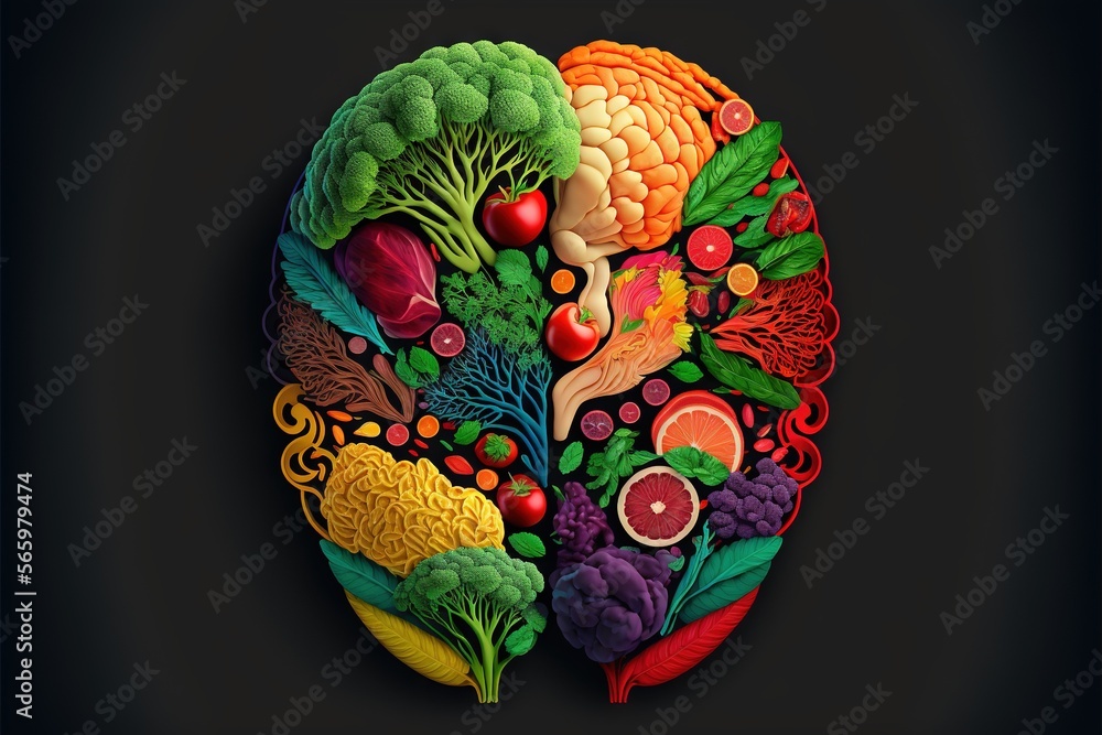 Poster a drawing of a human head made up of many different types of vegetables and fruits in a colorful pat