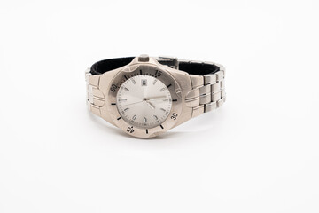 Silver fashionable wind up watch isolated on a white background