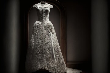  a white wedding dress is shown in a dark room with a doorway and a curtain on the wall behind the dress is a mannequin.  generative ai