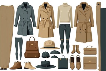 Naklejka premium a set of clothing and accessories for a woman in a trench coat, hat, boots, and purses, all in different colors. generative ai