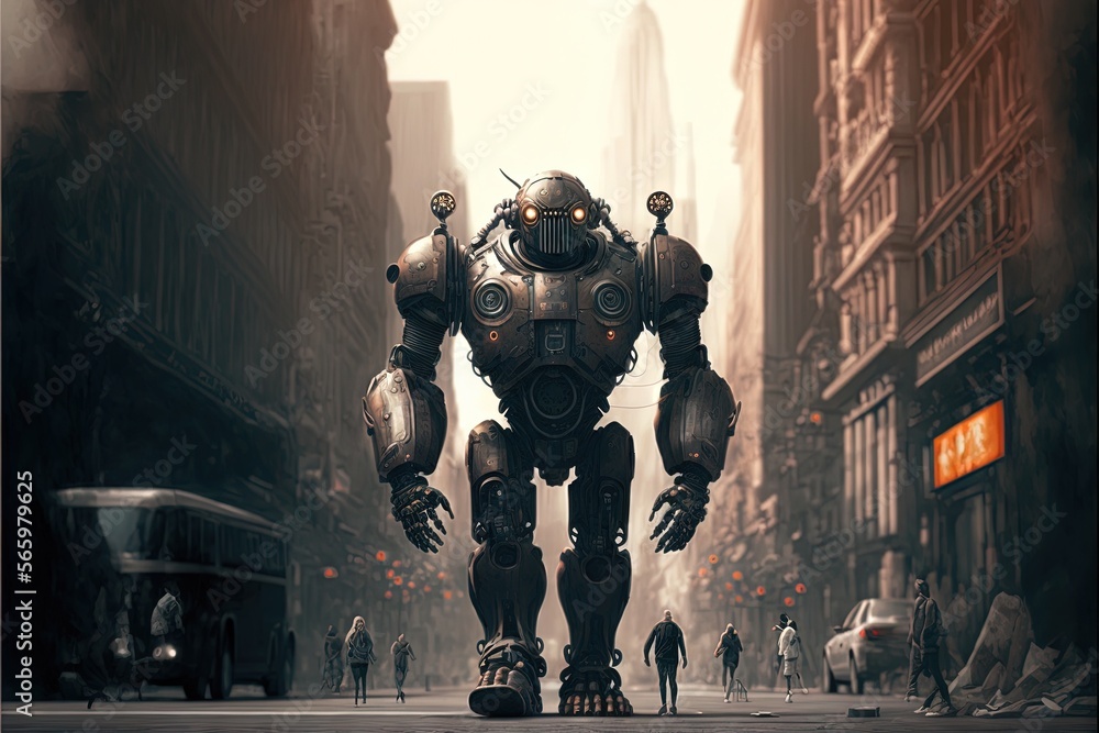 Poster a giant robot standing in the middle of a city with lots of people walking around it and a bus in th