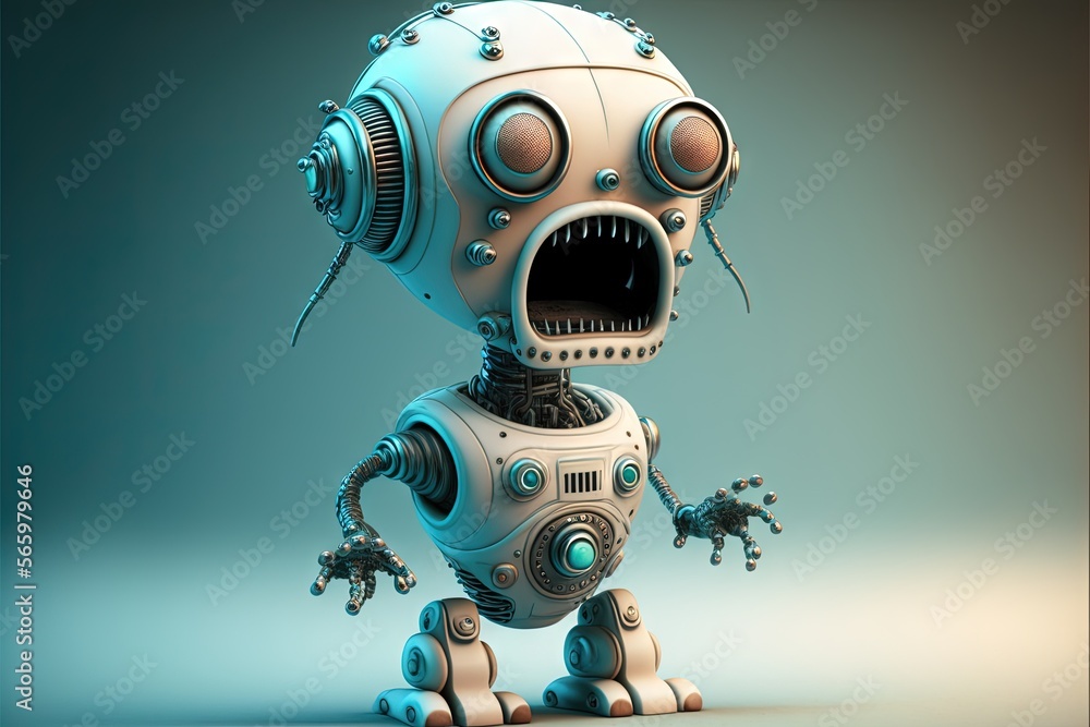 Poster a robot that is standing in the middle of a room with its mouth open and eyes wide open, with its mo