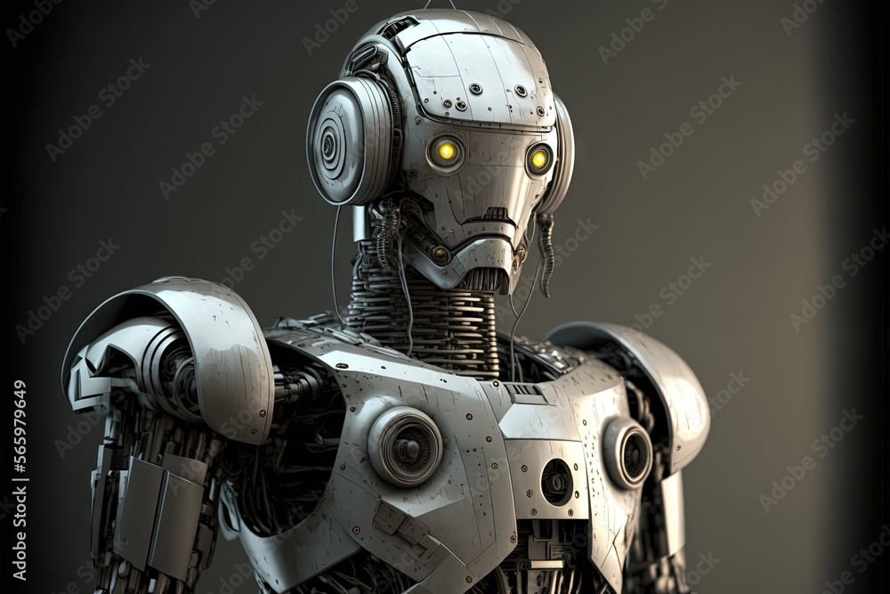 Poster a robot with glowing eyes and a head with yellow eyes is standing in front of a black background wit