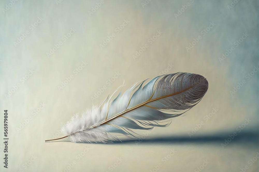 Poster a white feather resting on a light blue surface with a shadow on the floor and a light blue sky behi