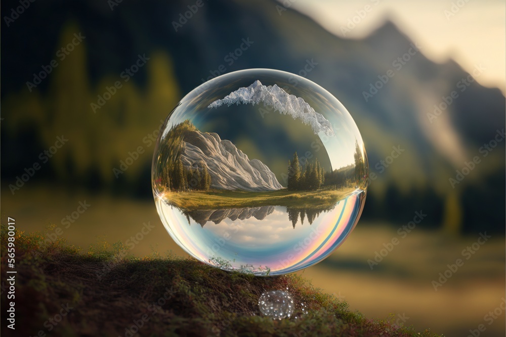 Poster a soap bubble with a mountain and lake in the middle of the bubble is shown in front of a mountain r