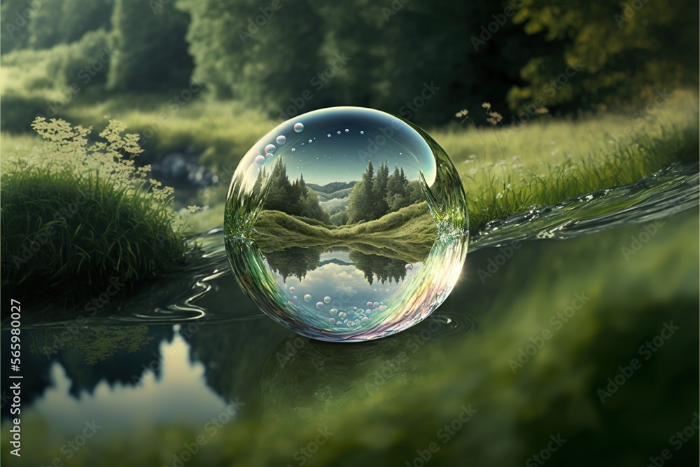Poster a soap bubble floating on top of a lake surrounded by trees and a lush green forest covered in dewdr