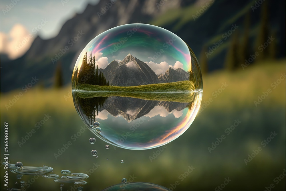 Poster a soap bubble floating in the air over a lake and mountains with a reflection of a mountain in the w