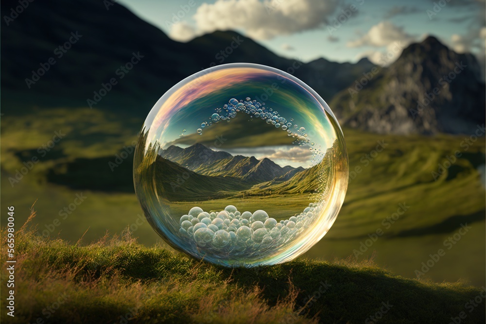 Poster a soap bubble with a landscape in the middle of the bubble is floating in the air above a grassy fie