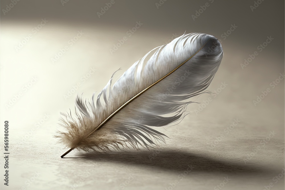Poster a white feather resting on a table with a shadow on the floor behind it and a light colored backgrou