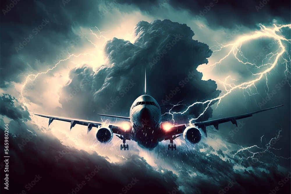 Aufkleber an airplane is flying through a storm with lightning in the background and a cloud of smoke is in th