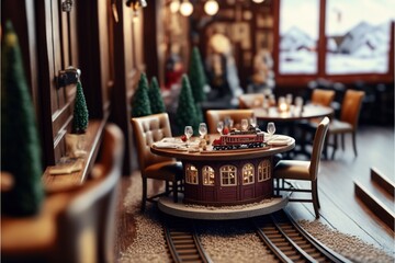 Fototapeta na wymiar a model train set up on a table in a restaurant with a view of the mountains outside the window and a train track running through the room. generative ai