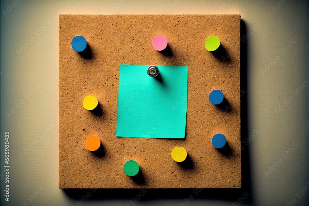 Poster a cork board with a piece of paper pinned to it with magnets on it and a pin in the middle of the co
