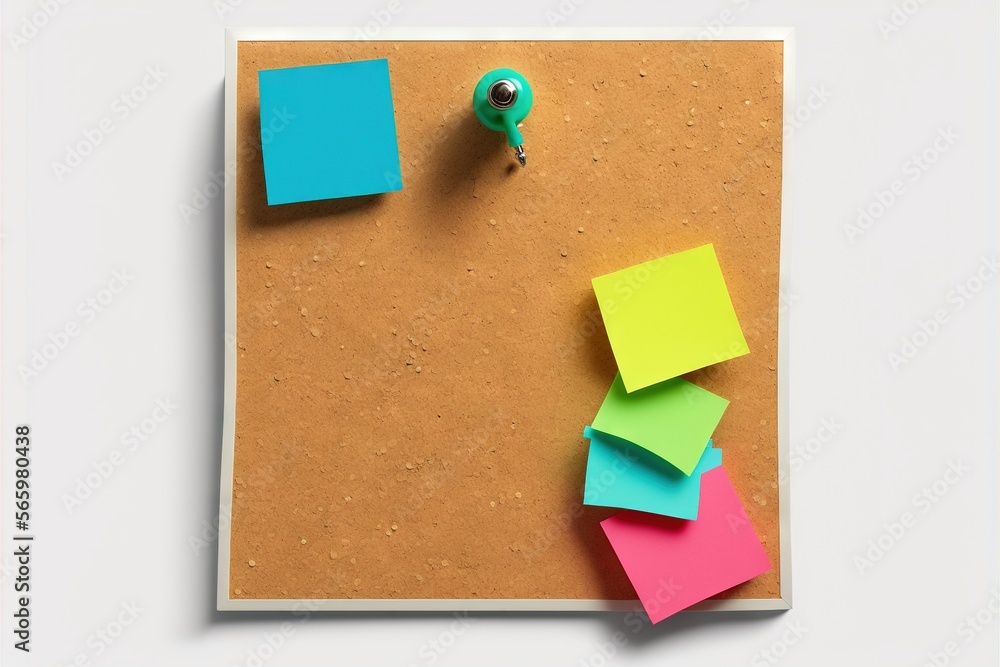 Poster a cork board with several different colored post it notes on it and a green pin on the top of the po